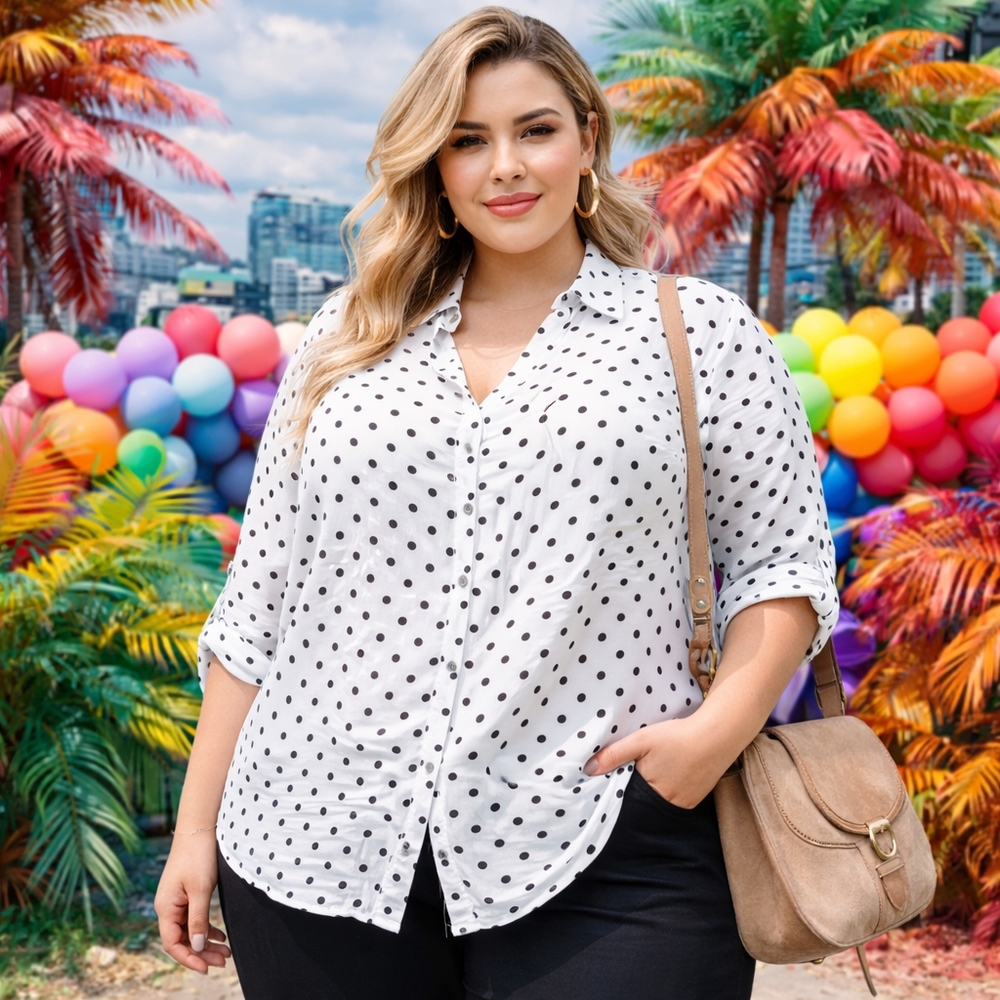 Velvet Heart 100% Rayon White Polka Dot Blouse Plus Size Button Front
